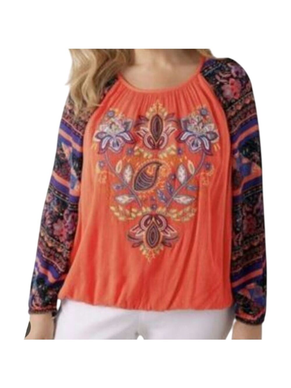 Soft Surroundings Blame Rio Floral Embroidered Raglan Sleeve Boho Top